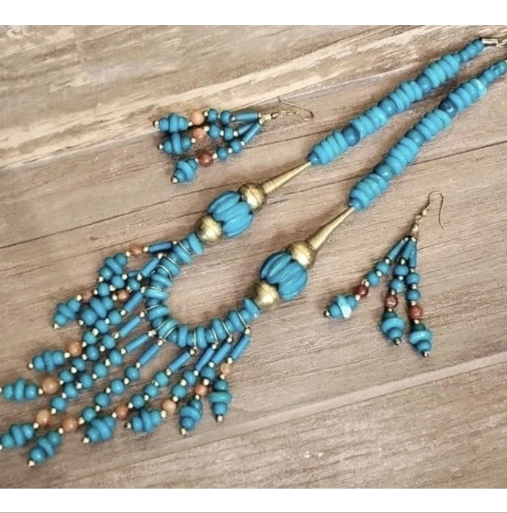 Vintage Turquoise Stone Beaded Cleopatra Statement Necklace & Earrings Set - Picture 11 of 12